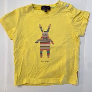 Paul Smith Junior Yellow Baby Bunny Tee Rainbow Stripe Snap Shoulder Size 6 Mos